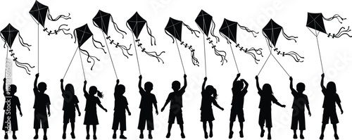 Children silhouettes flying kites together, joyful childhood play, freedom and happiness concept, outdoor festival illustration on white background