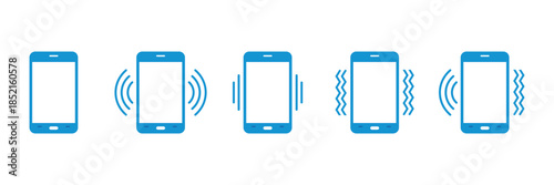 Five blue smartphone icons with increasing vibration signals Isolated On Transparent Background