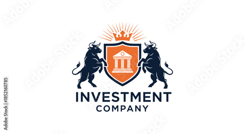A stately heraldic logo for an investment company featuring two rearing bulls flanking a shield with a bank icon and a crown on top.