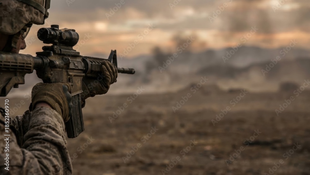Obraz premium Soldier aiming assault rifle, first-person view of combat zone, military operation, war or conflict theme for news and documentary reportage.