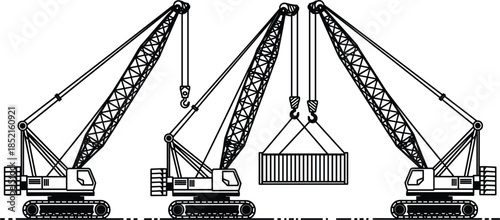 Crawler crane silhouettes lifting container, heavy construction machinery operation, industrial logistics and engineering concept, black line illustration isolated on white background