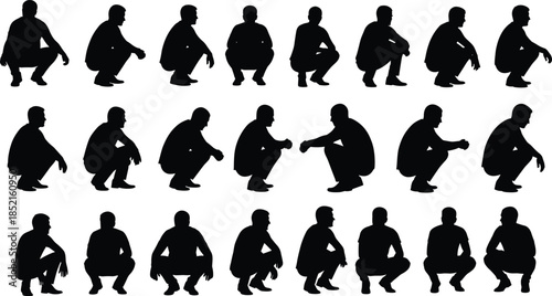 Crouching people silhouettes collection, men squatting poses from multiple angles, human body positions set, black illustration isolated on white background