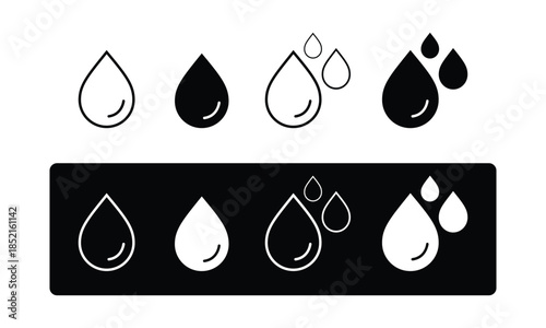 Black and white water drop icons in two rows liquid Isolated On Transparent Background
