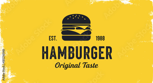 A vintage-style hamburger logo with a distressed texture, featuring a burger silhouette and retro typography on a vibrant yellow background.