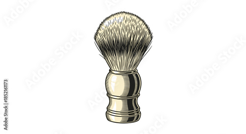 A highly detailed, hand-drawn vintage illustration of a classic shaving brush, created in a realistic engraving or woodcut sketch style.