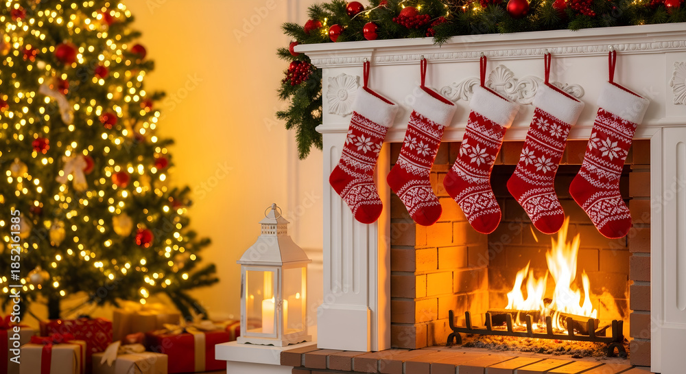 Fototapeta premium Christmas gift socks hung on fireplace on Christmas eve. Stockings on fireplace in living room, Xmas tree with light on background. Festive stylish room interior for Advent Calendar . AI