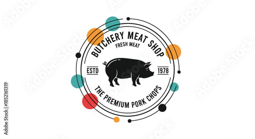 A creative butchery meat shop logo featuring a pig silhouette in a vintage circular frame, accented by modern, colorful orbiting dots.