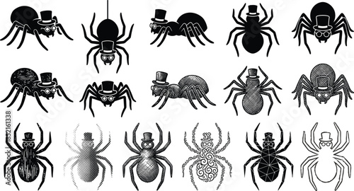 Gentleman spider silhouettes set, vintage steampunk arachnids wearing top hats vector collection