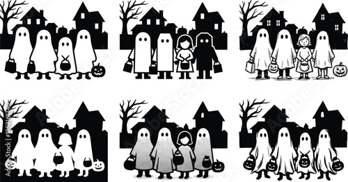 Halloween ghost children silhouettes set, trick or treat spooky neighborhood vector illustration