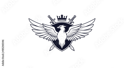 A powerful heraldic emblem featuring a phoenix with spread wings on a shield, with a crown above and two crossed swords behind it.