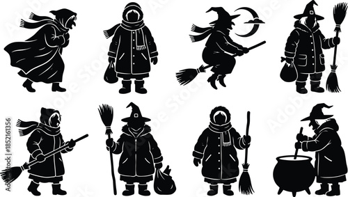 Halloween witch silhouettes set, spooky flying witches with broomsticks vector illustration collection