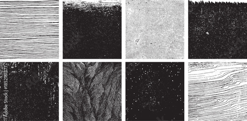 Set of eight different grunge textures collection in black and white for distressed overlay effects or artistic design