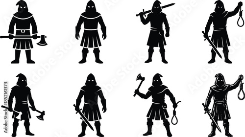 Medieval executioner silhouettes set, dark hooded warrior figures with weapons vector collection