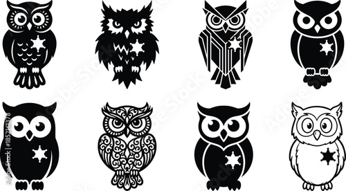 Owl silhouette icons set, stylized nocturnal birds in multiple artistic vector styles