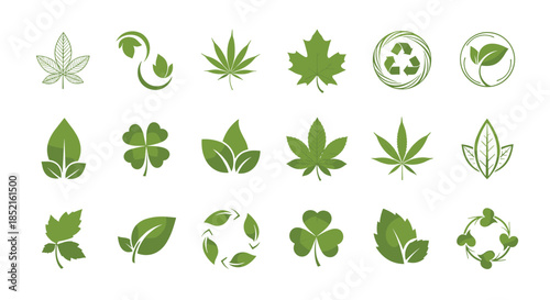 A collection of various green leaf icons, including maple, clover, and cannabis leaves, as well as recycle and eco-friendly symbols.