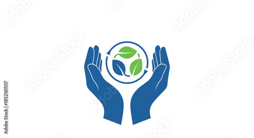 A simple, symbolic logo of two hands holding and protecting a recycling symbol made of green and blue leaves for environmental care.