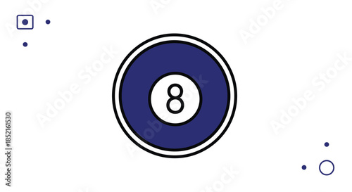 A minimalist graphic design of a blue eight ball from a pool or billiards game, set against a white background with abstract shapes.