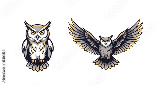 A set of two fierce owl mascots for a sports team, one sitting perched and another flying with its powerful wings spread wide open.