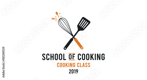 A simple and classic logo for a school of cooking, featuring a crossed whisk and spatula with 'Cooking Class 2019' vintage typography.