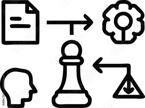 collection of icons representing document chess pawn gear human head arrows and triangle with arrow down