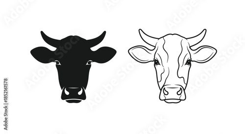 A set of two cow head icons, one presented as a solid black silhouette and the other as a detailed black and white line art drawing.