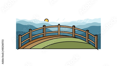 A charming wooden arched bridge spans across rolling green hills under a hazy sun and distant blue mountains.