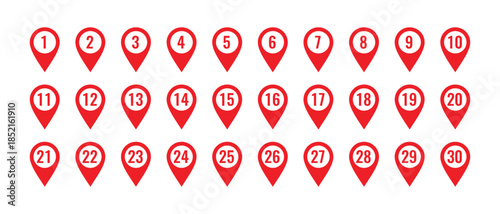 Red Numbered Location Pins 1 to 30 map marker navigation Isolated On Transparent Background