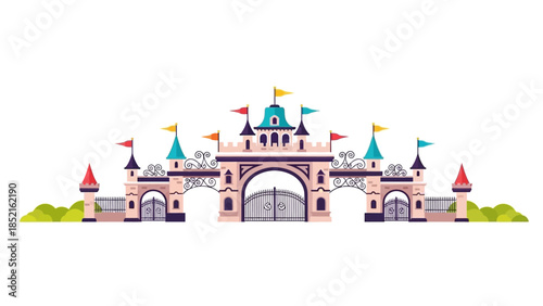 A grand, ornate castle-like entrance gate with flags and towers, suggesting a fantasy or theme park setting.