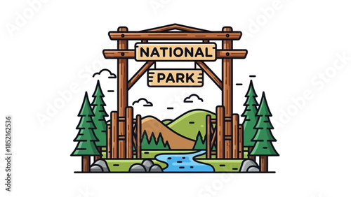 A wooden archway entrance to a national park with trees, a river, and rolling hills in the background.