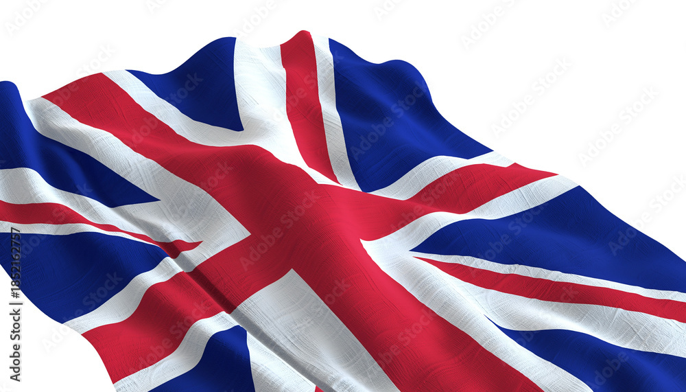 Fototapeta premium Union jack flag with red and white stripes over blue background, diagonal lines and cross shapes are clearly visible on white background PNG