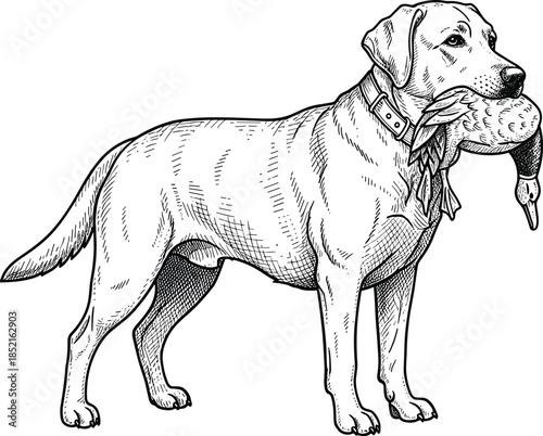 Black and white sketch of a Labrador retriever dog holding a duck in its mouth hunting dog retrieving