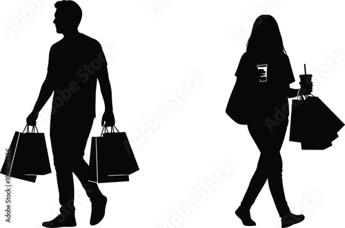 Black silhouette of a man and woman walking with shopping bags and drinks vector