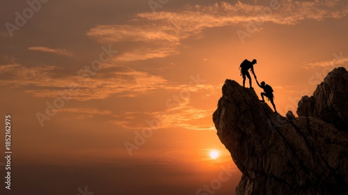 Climber reaching out to help partner upward