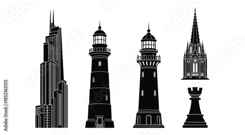 Black silhouette collection of skyscraper lighthouse gothic building and chess piece architecture