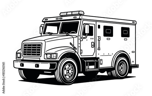 Armored truck, security vehicle, flat vector illustration, black and white design
