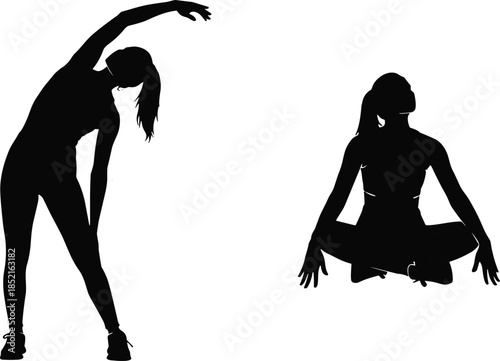 Black silhouette of woman stretching and woman meditating on white background yoga meditation