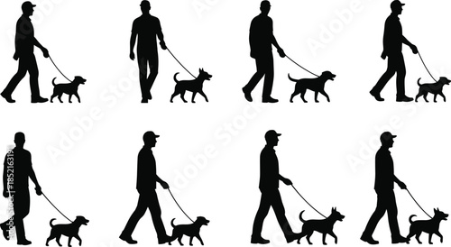 Black silhouette of a man walking a dog on a leash in various poses vector