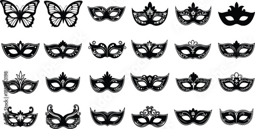 Collection of black decorative masquerade masks and butterfly silhouettes venetian party