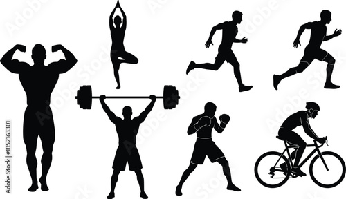 Black silhouettes of men engaged in various sports and fitness activities exercise