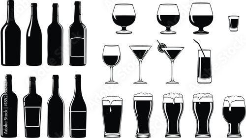 Collection of black silhouette bottles and glasses filled with dark liquid and foam drink beverage