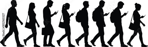 Black silhouettes of people walking and looking at smartphones mobile phone
