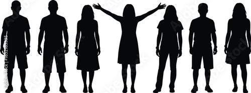 Black silhouettes of seven people standing in a row on white background woman male