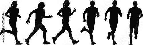 Black silhouettes of six runners in motion on white background running