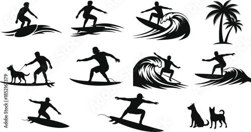 Black silhouettes of surfers riding waves and palm trees on white background surfing ocean