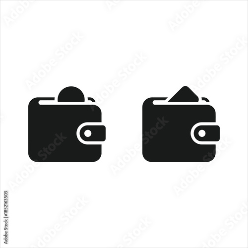 A pair of vector icons showing wallets containing a coin and a card, representing digital payments and mobile banking