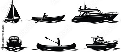 Collection of black silhouette boats and watercraft on white background sailboat yacht