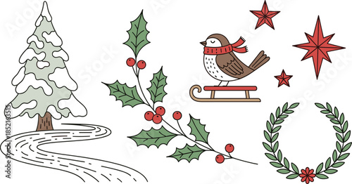 Cute cartoon winter elements including snowy tree holly berries bird on sled red stars and laurel wreath