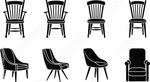 Eight black silhouette chairs of various styles on white background furniture