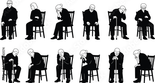 Elderly people sitting on chairs in various poses black and white illustration senior
