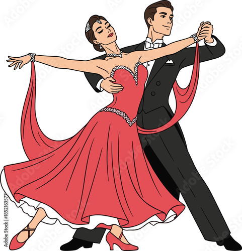 Couple dancing ballroom waltz in formal attire red dress and tuxedo ballroom dancing dance